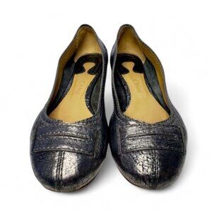 Chloe Metallic Crinkle Leather Gunmetal Ballet Flat Shoes Women's Comfy 7.5